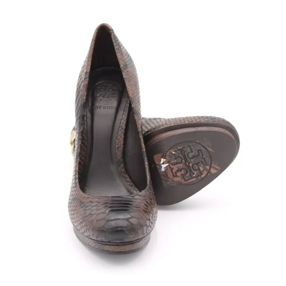 Tory Burch Brown Python Embossed Platform Leather Pumps Sz 6M